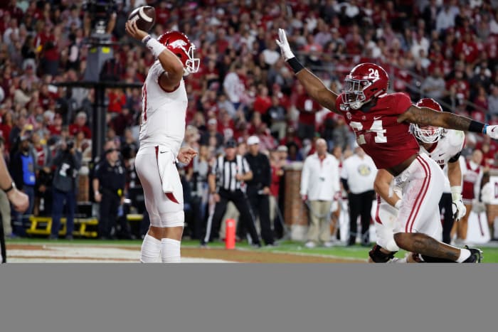 Arkansas quarterback Nick Starkel had Alabama linebacker Terrell Lewis in his face all night long.